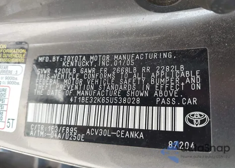 2005 Toyota Camry Std from USA, damaged, VIN 4T1BE32K65U538028